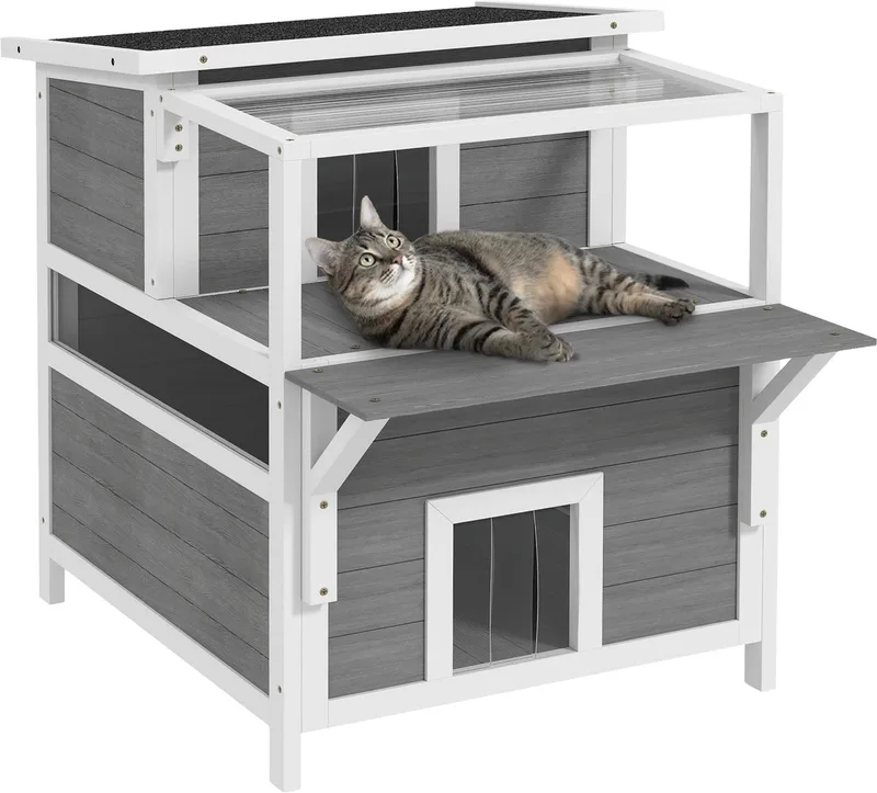 Katten Cave van Vurenhout – Kattenhuis met Balkon & Meerdere Ingangen – Lichtgrijs de Happiq – photo produit