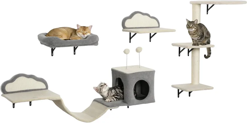 Katten Klimwand 4-Delige Set – Kattenwand met Krabplank & Ligbed – Beige/Grijs de Happiq – photo produit
