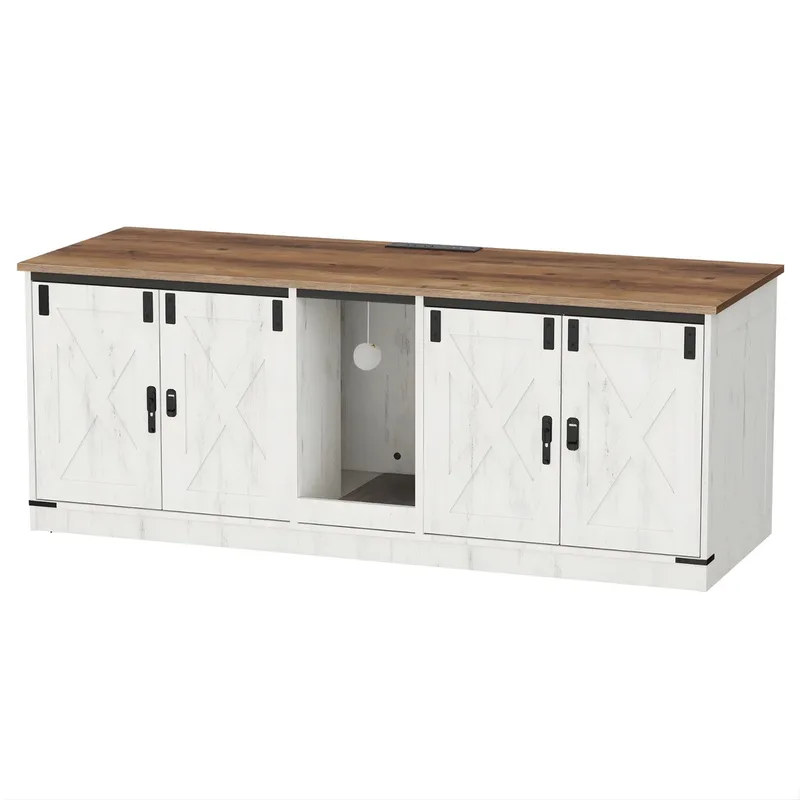 Kattenbak Kast – Voor Binnenkatten – Verborgen Kattenbak Meubel met USB, Stopcontact en Kattenhuis voor 2 Katten – Bruin/Wit by Happiq in White – product photo
