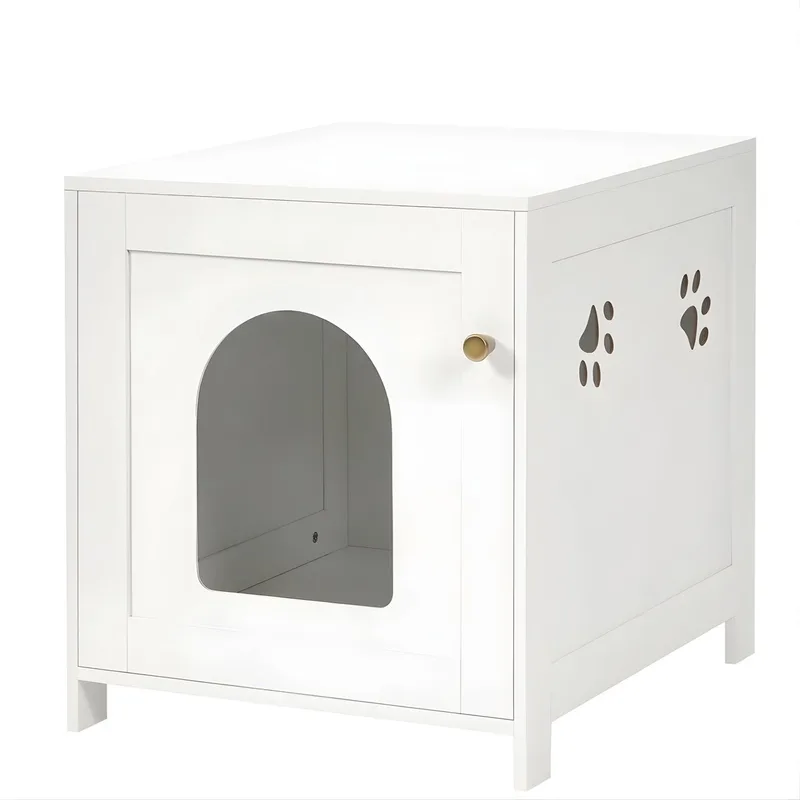 Kattenbak Kast – Voor Binnenkatten – Verborgen Kattenbak Meubel 52 cm, Houten Kattenhuis met Boogvormige Voordeur, Bijzettafel de Happiq en Blanc – photo produit