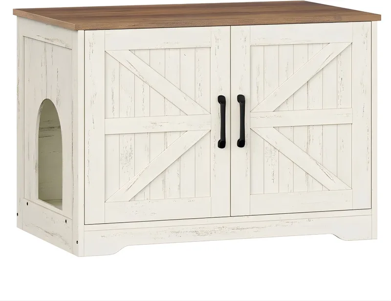 Kattenbak Kast – Voor Binnenkatten – Verborgen Kattenbak Meubel, Houten Kattenhuis / Bijzettafel met Zij-ingang – Bruin/Wit by Happiq – product photo