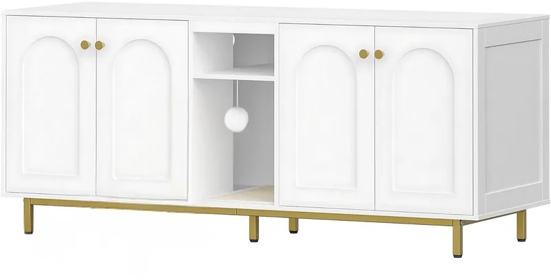 Kattenbak Kast – Voor Binnenkatten – Verborgen Kattenhuis voor 2 Katten met Dubbele Compartimenten, Opbergruimte en Speelballen – Te Gebruiken als TV-Meubel von Happiq in Weiß – Produktfoto