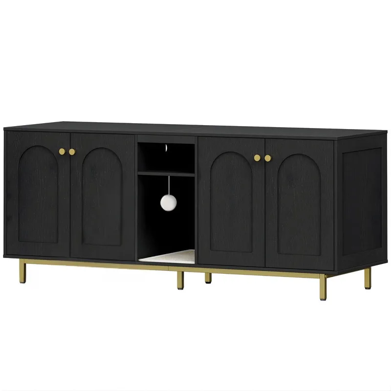 Kattenbak Kast – Voor Binnenkatten – Verborgen Kattenhuis voor 2 Katten met Dubbele Compartimenten, Opbergruimte en Speelballen – Te Gebruiken als TV-Meubel by Happiq in Black – product photo