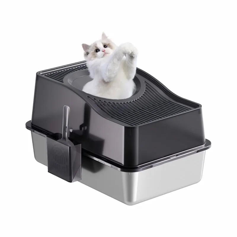 Kattenbak met Deksel - Gesloten design met Uitloopmat en Schep - voor grote katten - Zwart Roestvrij Staal met 15cm Basis - Zwart 20 cm by Happiq – product photo