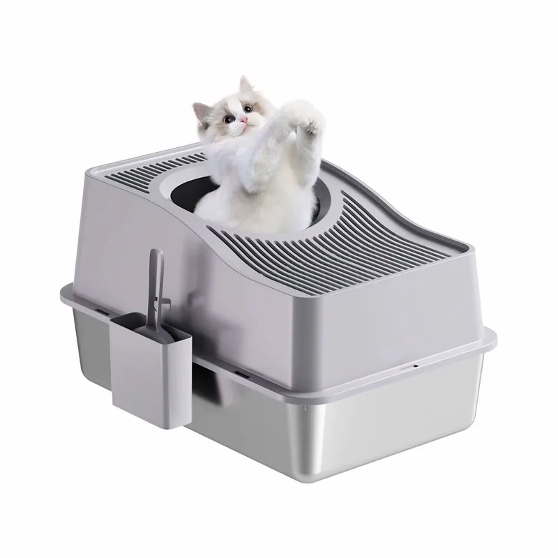 Kattenbak met Deksel - Gesloten design met Uitloopmat en Schep - voor grote katten - Grijs Roestvrij Staal met 20cm Basis - Zwart von Happiq – Produktfoto