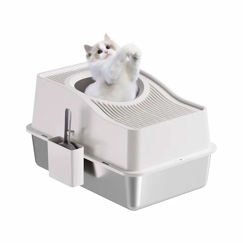 Kattenbak met Deksel - Gesloten design met Uitloopmat en Schep - voor grote katten - Wit Roestvrij Staal met 20cm Basis - Zwart 15 cm by Happiq – product photo