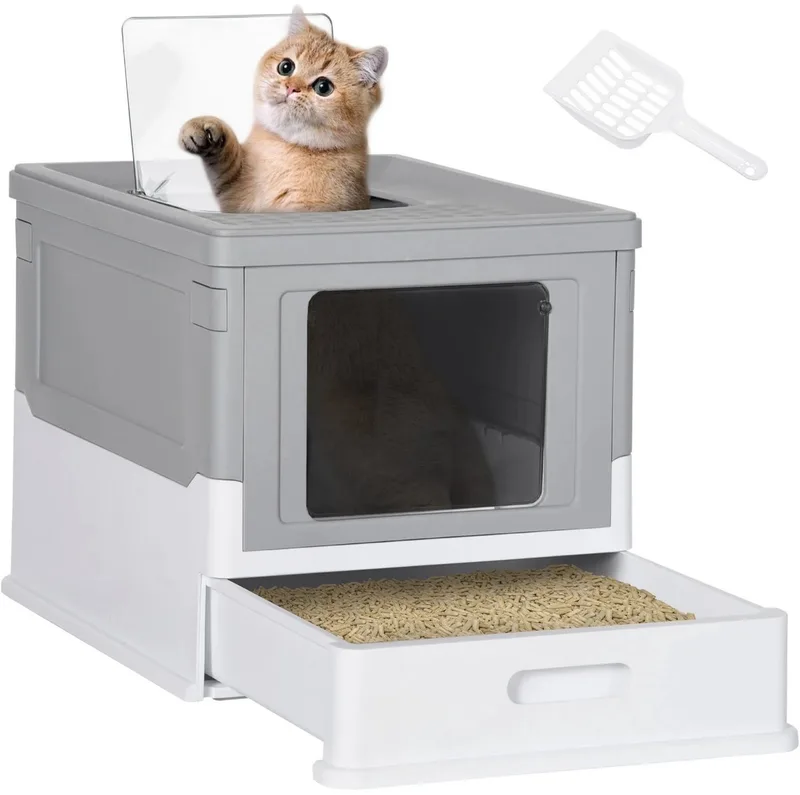 Kattenbak met Deksel – Katten Toilet met Kap & Schep – Voor Katten tot 5 kg – Grijs by Happiq – product photo