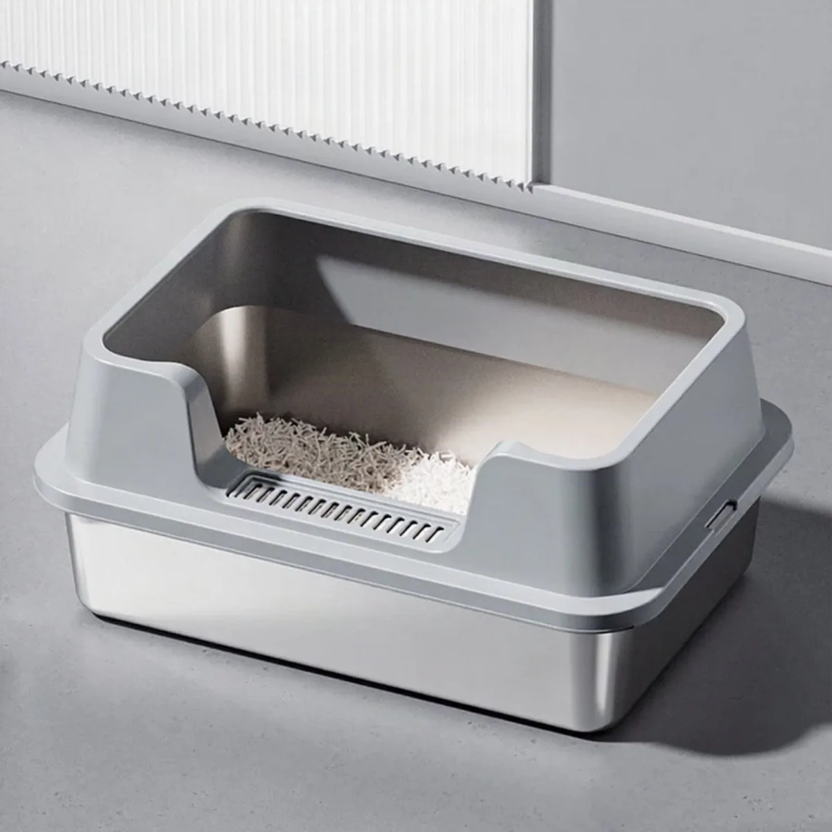 Kattenbak met Deksel - Voor Grote Katten - Hoogzijdig en Geurvrij - Grijs Roestvrijstaal by Happiq – product photo