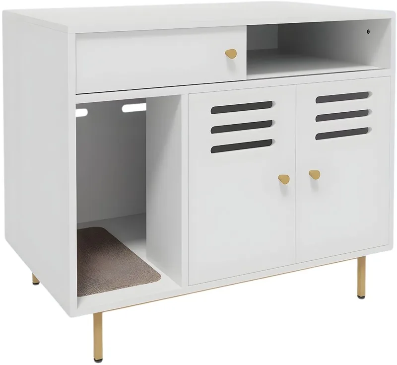 Kattenbak Meubel - 2-in-1 Kattenkast met Opbergplank, Verborgen von Happiq in Weiß – Produktfoto