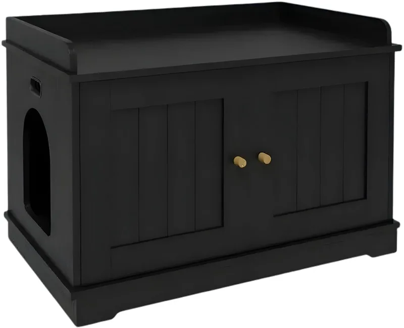 Kattenbak Meubel - Houten Kattenkast met Schuifdeur, Verborgen Kattenbak Ombouw en Side Table Functie - voor katten en woonkamer von Happiq in Schwarz – Produktfoto