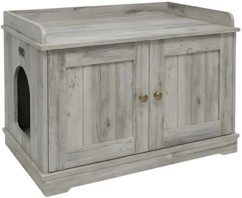 Kattenbak Meubel - Houten Kattenkast met Schuifdeur, Verborgen Kattenbak Ombouw en Side Table Functie - voor katten en woonkamer - Grijs de Happiq – photo produit