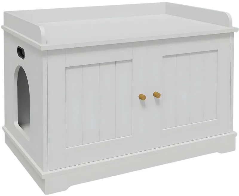 Kattenbak Meubel - Houten Kattenkast met Schuifdeur, Verborgen Kattenbak Ombouw en Side Table Functie - voor katten en woonkamer - Wit by Happiq – product photo