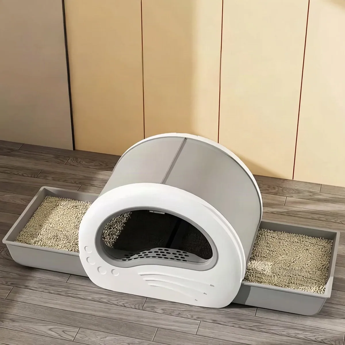 Kattenbak - Voor Binnen - Spatwaterdicht en Volledig Afgesloten - Grijs van Happiq – productfoto