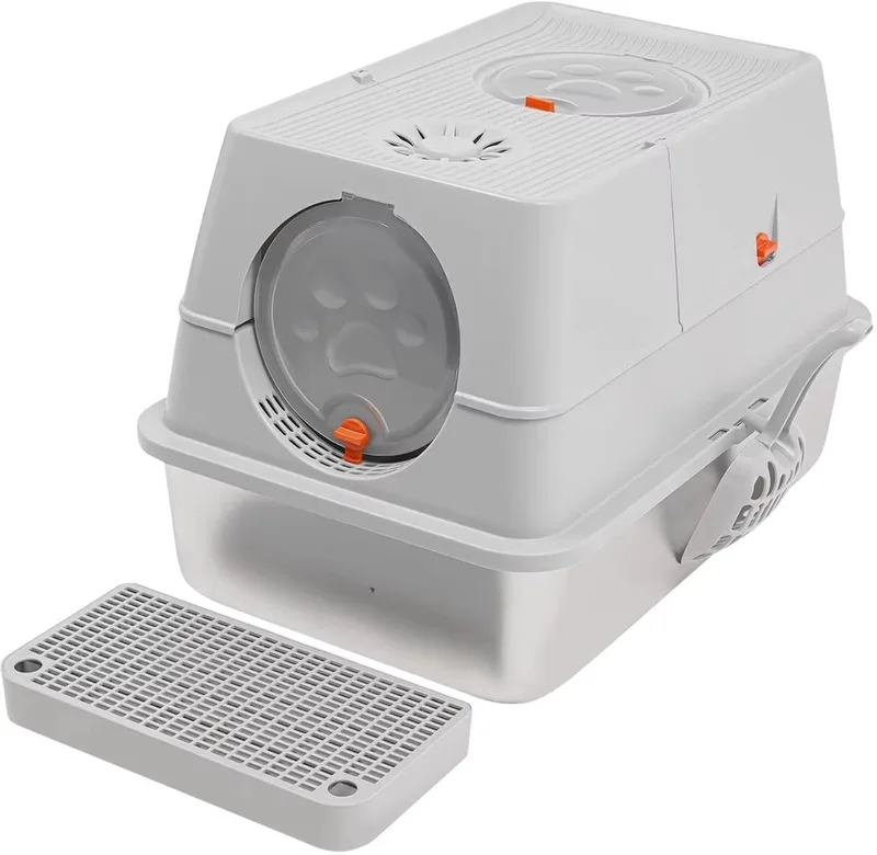 Kattenbak – Voor binnenkatten – Afgesloten metalen kattenbak met deksel en schepje – Lichtgrijs RVS von Happiq – Produktfoto