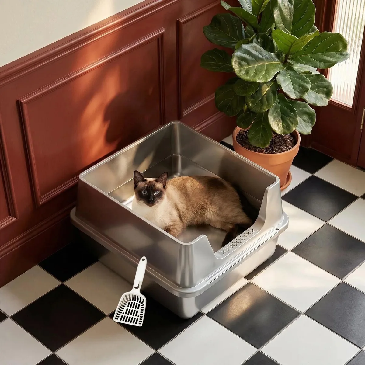 Kattenbak - Voor Huiskat - Open Ontwerp met Hoge Wanden - RVS Lichtgrijs van Happiq – productfoto