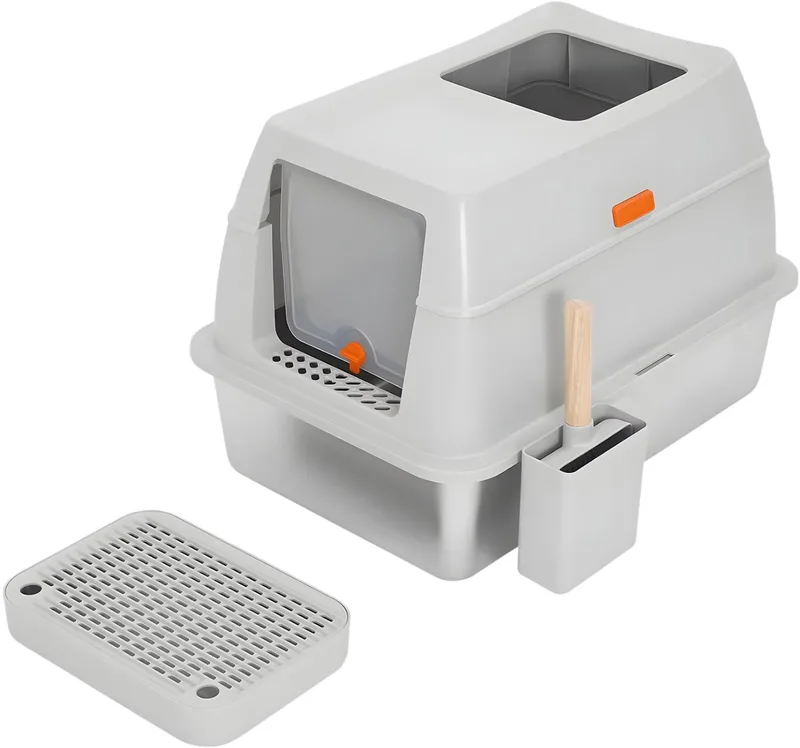 Kattenbak – Voor katten – Grote kattenbak met deksel en schepje – Zilver, RVS, 20 L by Happiq – product photo