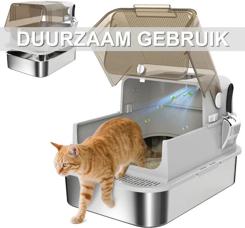 Kattenbak XXL – Met Deksel, Dubbele Deuren, Schepje, Instapplateau & Uitschuiflade – Grijs von Happiq in Rvs – Produktfoto