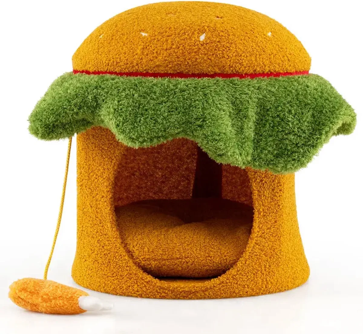Kattenbed - Voor Huisdieren - Hamburgervorm met Hangend Knuffeldier - Oranje by Happiq – product photo