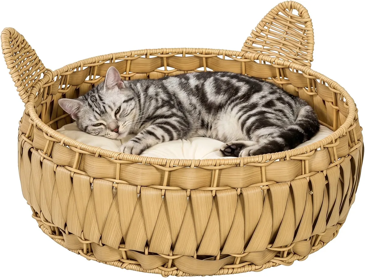 Kattenbed - Voor Katten - Met Verwijderbaar Kussen - Rattan Lichtbruin van Happiq – productfoto
