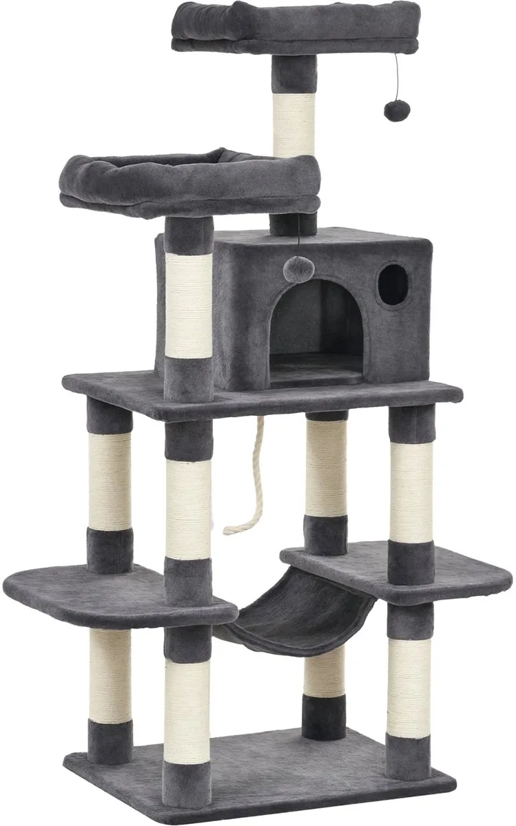 Kattenboom met Kattenhuis, Hangmat, Sisal Palen & Speelbal – Donkergrijs de Happiq – photo produit