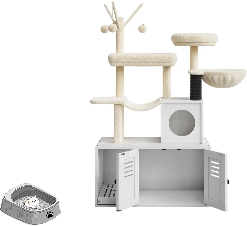 Kattenboom - Multi-Level Kattenmeubel met Kattenbak Ombouw, Krabpalen, Ligplaatsen en Speelgoed - voor binnenkatten - Hout en Pluche - Grijs by Happiq – product photo