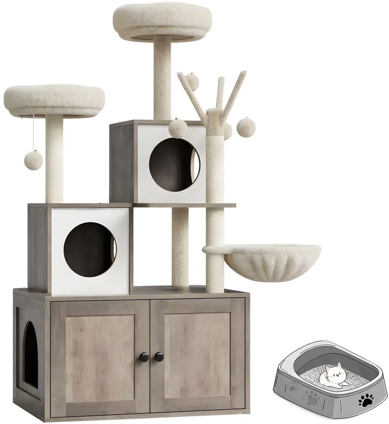 Kattenboom - Multi-Level Kattenmeubel met Kattenbak Ombouw, Krabpalen, Ligplaatsen en Speelgoed - voor binnenkatten - Hout en Pluche - Grijs by Happiq – product photo