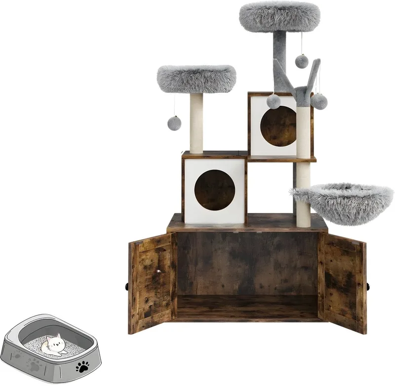 Kattenboom - Multi-Level Kattenmeubel met Kattenbak Ombouw, Krabpalen, Ligplaatsen en Speelgoed - voor binnenkatten - Hout en Pluche - Wit von Happiq – Produktfoto