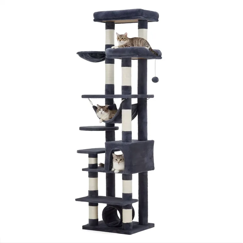Kattenboom - Multi-Level Kattenmeubel met Krabpalen, Hangmat, Ligplaatsen en Speelballen - voor grote katten - Hout en Pluche - Blauw von Happiq – Produktfoto