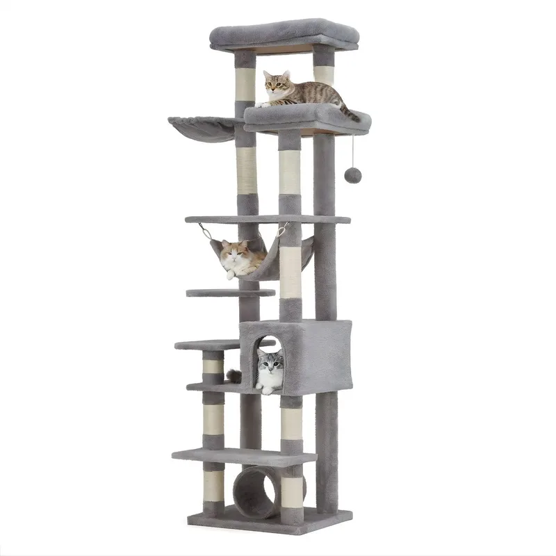 Kattenboom - Multi-Level Kattenmeubel met Krabpalen, Hangmat, Ligplaatsen en Speelballen - voor grote katten - Hout en Pluche - Donkergrijs de Happiq – photo produit