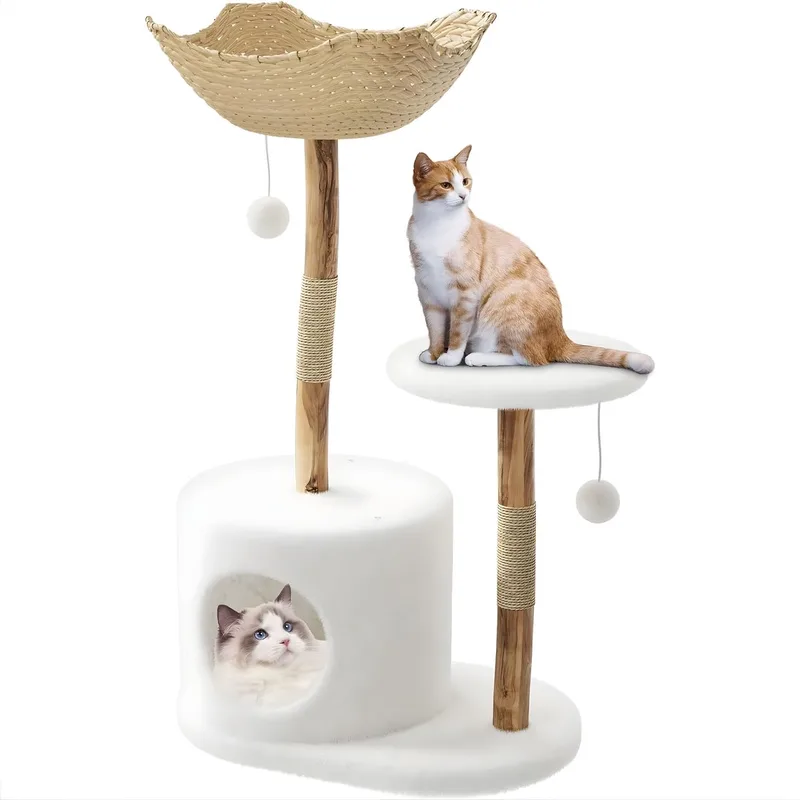 Kattenboom - Multi-Level Kattenmeubel met Mand, Slaapplaats, Condo en Krabpalen, Natuurlijk design - voor binnenkatten - Hout en Rotan von Happiq – Produktfoto