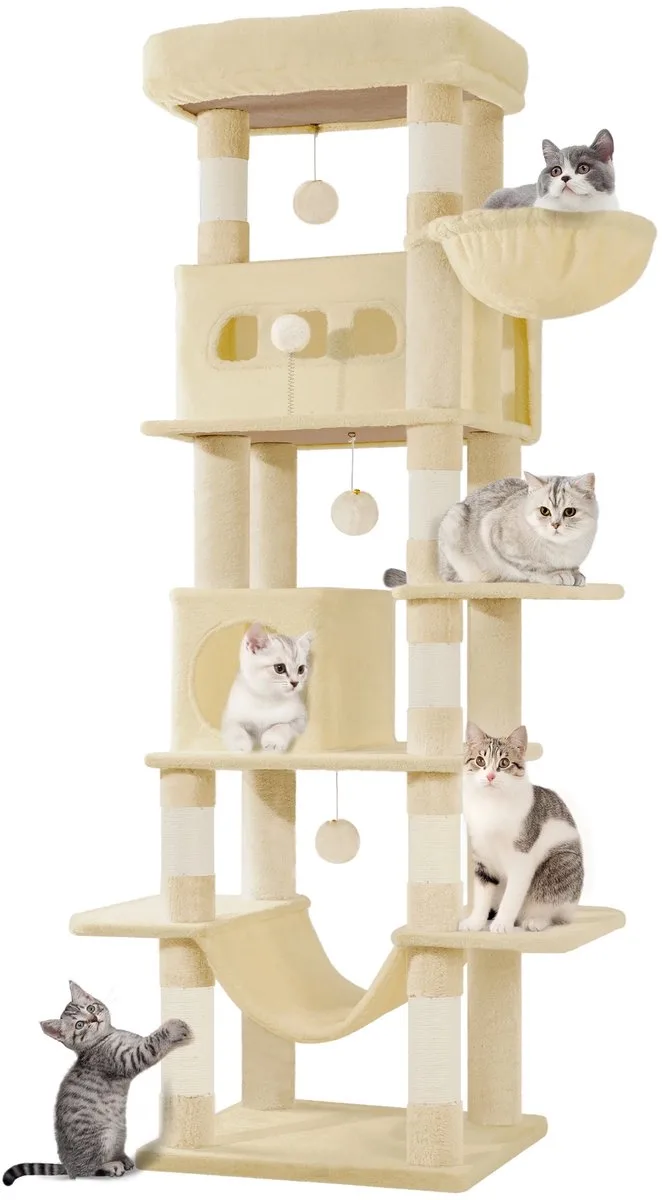 Kattenboom – Voor Binnengebruik en Maine Coon – 170 cm Grote Kattenboom met Meerdere Levels, Groot Ligvlak en Wasbare Mat de Happiq en Beige – photo produit