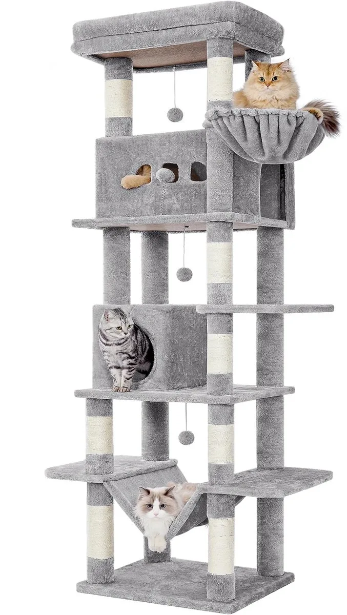 Kattenboom – Voor Binnengebruik en Maine Coon – 170 cm Grote Kattenboom met Meerdere Levels, Groot Ligvlak en Wasbare Mat de Happiq en Gris clair – photo produit