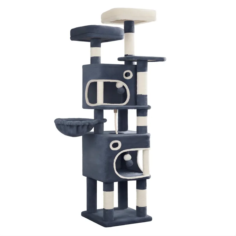 Kattenboom – Voor Binnenkatten – 159 cm Multi-Level Kattenkrabpaal met 8 Krabpalen, 3 Platforms, 2 Kattenhuizen en Mand von Happiq in Grau – Produktfoto