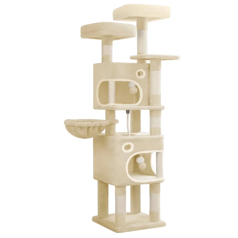 Kattenboom – Voor Binnenkatten – 159 cm Multi-Level Kattenkrabpaal met 8 Krabpalen, 3 Platforms, 2 Kattenhuizen en Mand von Happiq in Beige – Produktfoto