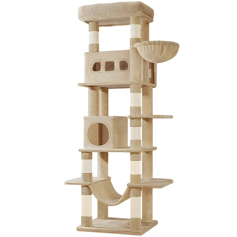 Kattenboom – Voor Binnenkatten – 170 cm Hoge Kattenboom, Multi-Level Kattenhuis met Condo, 8 Krabpalen, Hangmat en 4 Speelballetjes – Camel Bruin fra Happiq i Camel Brown – produktbillede