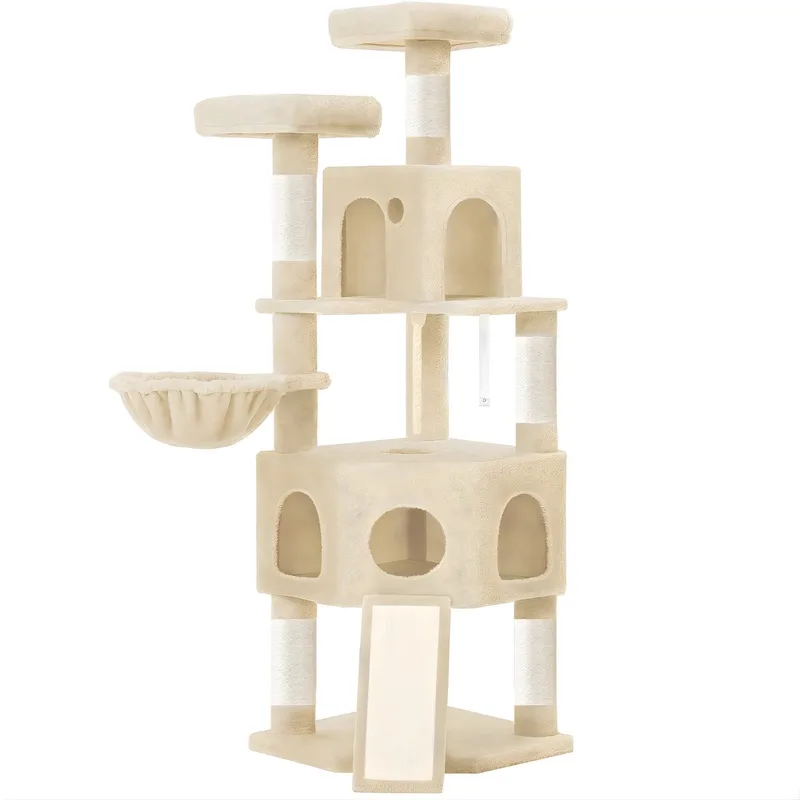 Kattenboom – Voor Binnenkatten – 174 cm XL Kattenboom met 2 Platforms, 2 Holletjes, 4 Krabpalen, 1 Krabplank en Sisaltouw – Voor Meerdere Katten – Beige de Happiq – photo produit