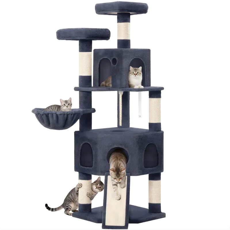 Kattenboom – Voor Binnenkatten – 174 cm XL Kattenboom met 2 Platforms, 2 Holletjes, 4 Krabpalen, 1 Krabplank en Sisaltouw – Voor Meerdere Katten – Donkergrijs fra Happiq – produktbillede