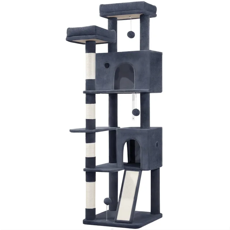 Kattenboom – Voor Binnenkatten – 178 cm Kattenboom met Meerdere Niveaus, Krabpalen en Krabplank – Grijs de Happiq – photo produit