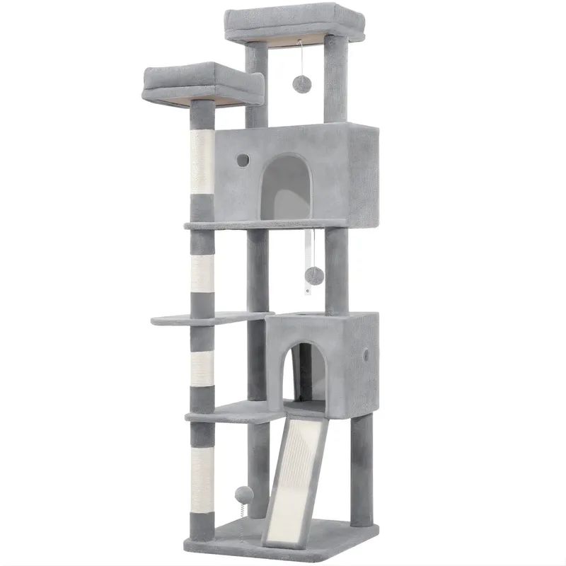 Kattenboom – Voor Binnenkatten – 178 cm Kattenboom met Meerdere Niveaus, Klimframe, Krabpalen en Krabplank – Lichtgrijs de Happiq – photo produit