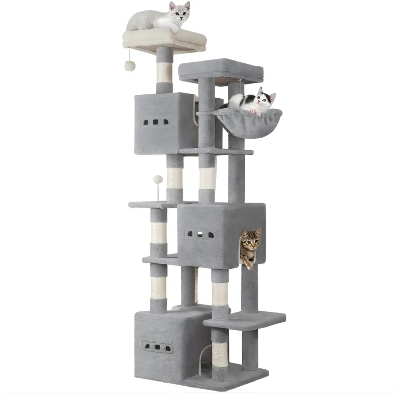 Kattenboom – Voor Binnenkatten – 193 cm Grote Kattenkrabpaal met 2 Platforms, 3 Huisjes en 7 Krabpalen – Lichtgrijs by Happiq – product photo