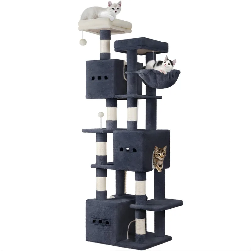 Kattenboom – Voor Binnenkatten – 193 cm Grote Kattenkrabpaal met 2 Platforms, 3 Huisjes en 7 Krabpalen – Grijs by Happiq – product photo