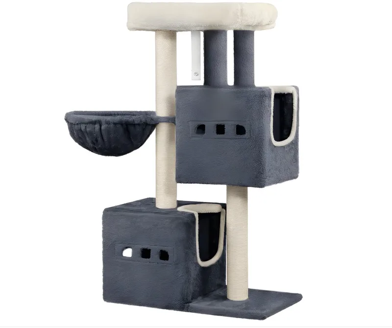 Kattenboom – Voor Binnenkatten – 98 cm Kattenboom met Sisal Krabpaal, Multi-Level Stabiel Kattenmeubel met Kattenhuis, 2 Holletjes en Speelballetjes – Grijs de Happiq en Gris foncé – photo produit