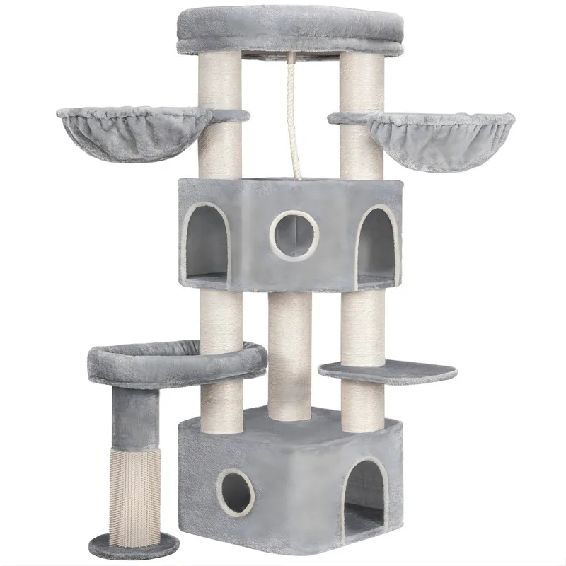 Kattenboom – Voor Grote Katten – 163 cm Kattenboom met Dikke Sisal Krabpalen, 2 Holletjes, Groot Platform, Speelballetje en Kattenborstel de Happiq en Gris clair – photo produit