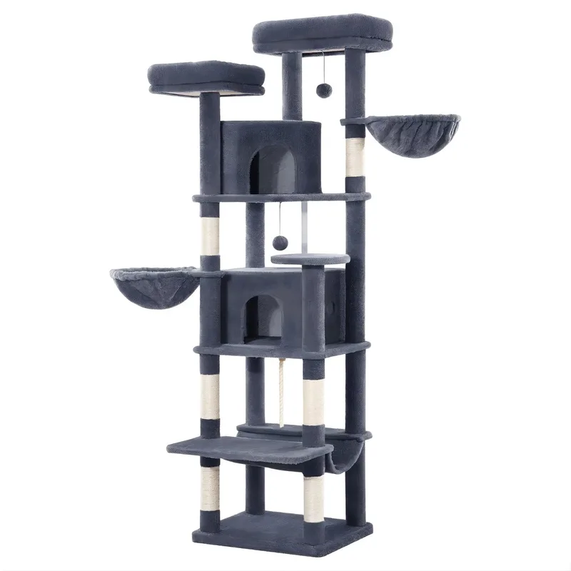 Kattenboom – Voor Grote Katten – 175 cm Stevige Kattenboom met Krabpalen, 2 Kattenhuizen, 2 Ligplateaus en 2 Mandjes de Happiq en Gris foncé – photo produit