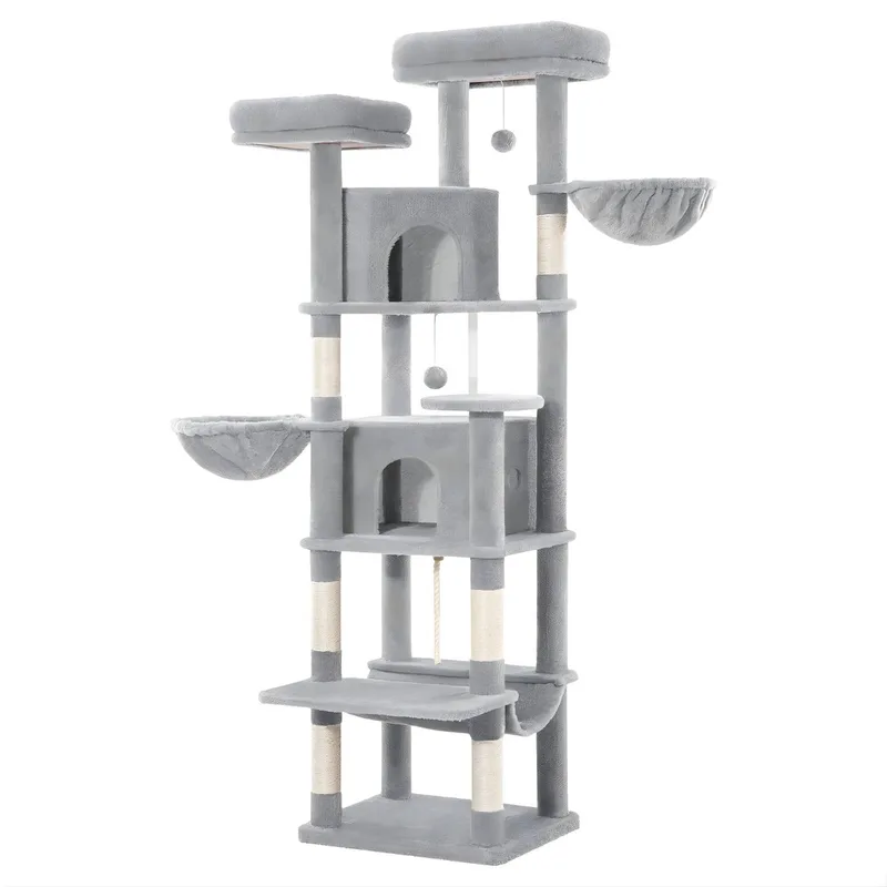 Kattenboom – Voor Grote Katten – 175 cm Stevige Kattenboom met Krabpalen, 2 Kattenhuizen, 2 Ligplateaus en 2 Mandjes – Lichtgrijs by Happiq – product photo