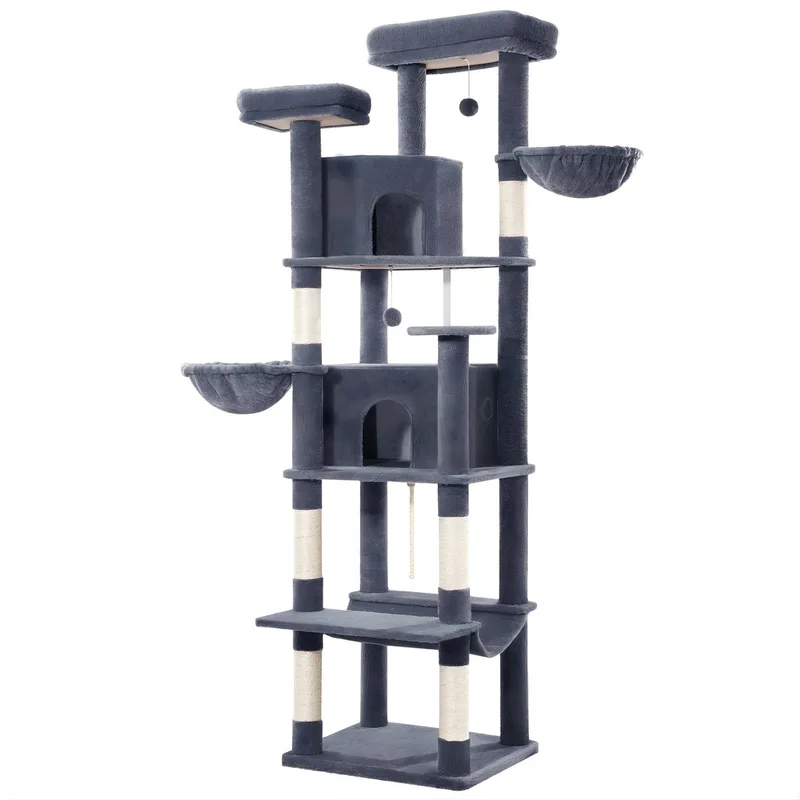 Kattenboom – Voor Grote Katten – 216 cm Stevige Kattenboom met Krabpalen, 2 Kattenhuizen, 2 Ligplateaus en 2 Mandjes – Donkergrijs de Happiq – photo produit