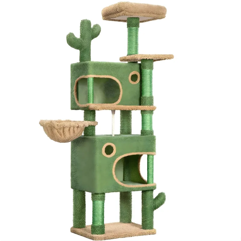 Kattenboom – Voor Katten – 165 cm Cactus Kattenboom met 6 Krabpalen, 2 Platforms, 2 Holletjes, Mand en Sisal Touw – Groen/Bruin by Happiq in Green – product photo