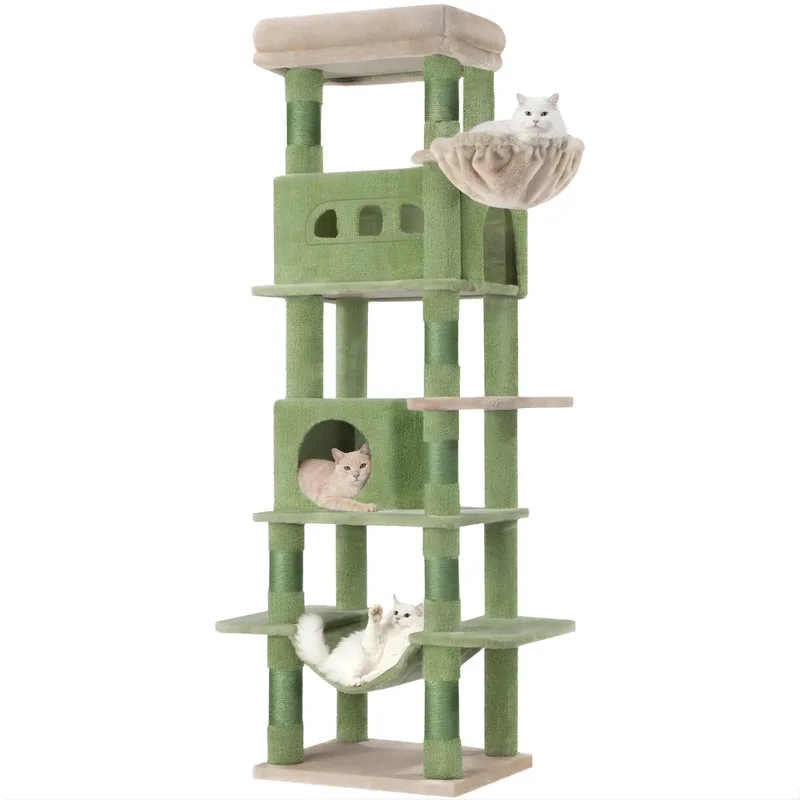 Kattenboom – Voor Katten – 170 cm Hoge Kattenboom met 8 Krabpalen, 2 Holletjes, Grote Platforms, Wasbaar Matje, Hangmat en Speelballetjes – Groen/Bruin von Happiq in Braun – Produktfoto
