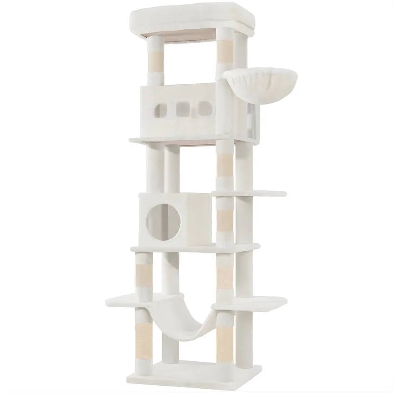 Kattenboom – Voor Katten – 170 cm Hoge Kattenboom met 8 Krabpalen, 2 Holletjes, Grote Platforms, Wasbaar Matje, Hangmat en Speelballetjes – Wit fra Happiq i Crème Wit – produktbillede
