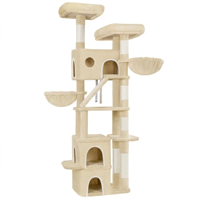 Kattenboom – Voor Katten – 185 cm Grote Kattenboom met 6 Krabpalen, 3 Holletjes, 2 Uitzichtplatforms, 2 Mandjes en 4 Speelballetjes – Beige von Happiq – Produktfoto